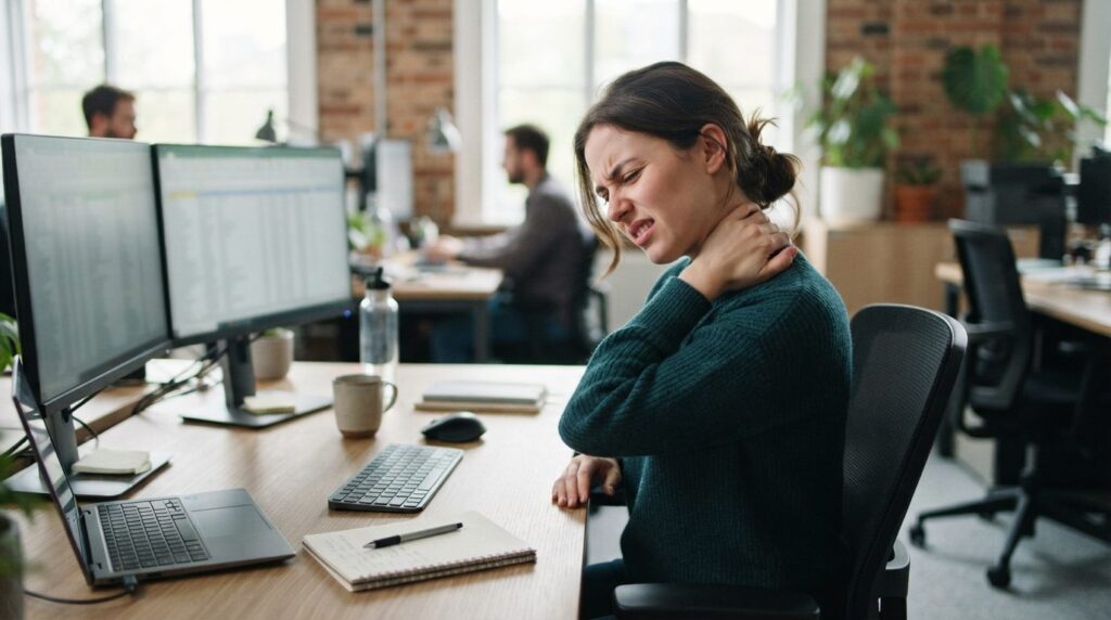 Professional lifestyle photograph: Office worker at desk exp
